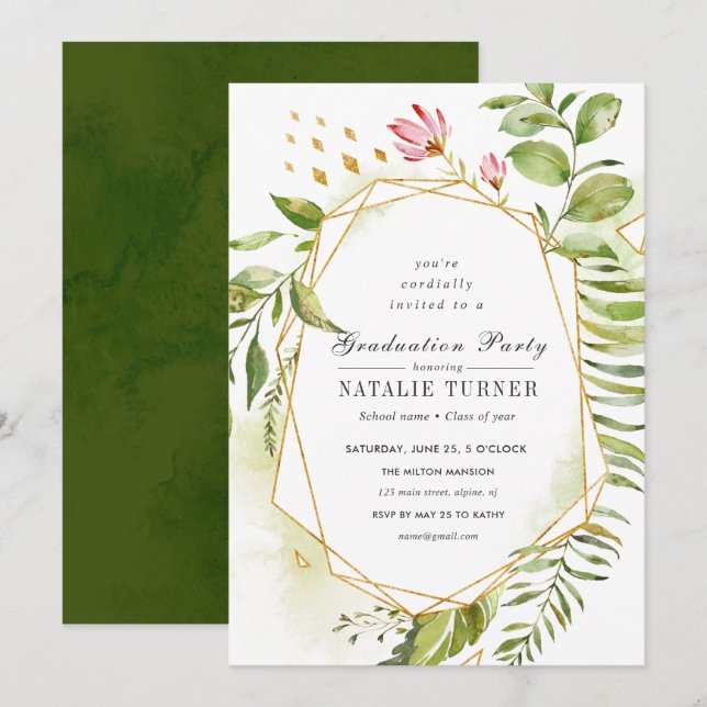 Watercolor Floral Green Foliage Graduation Party Invitation (Front/Back)
