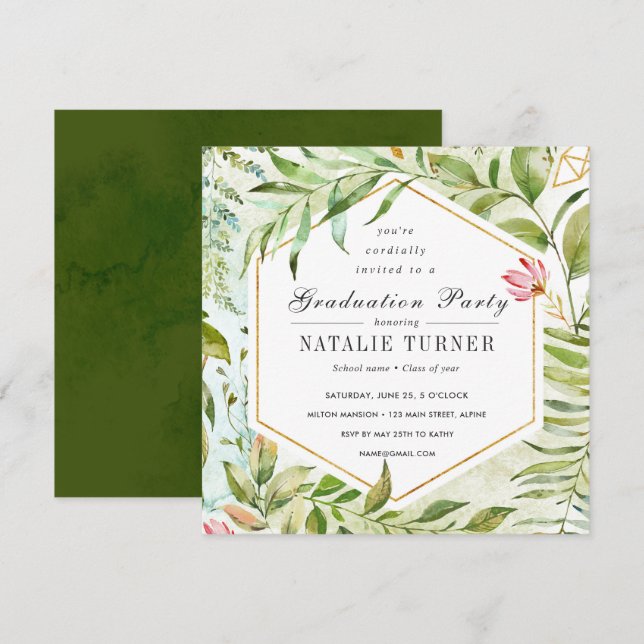 Watercolor Floral Green Foliage Graduation Party Invitation (Front/Back)