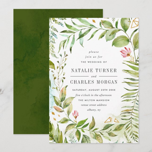 Watercolor Floral Green Foliage Wedding Invitation (Front/Back)
