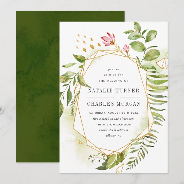 Watercolor Floral Green Foliage Wedding Invitation (Front/Back)