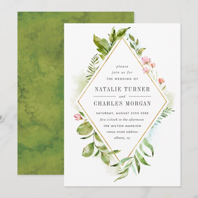 Watercolor Floral Green Foliage Wedding Invitation (Front/Back)