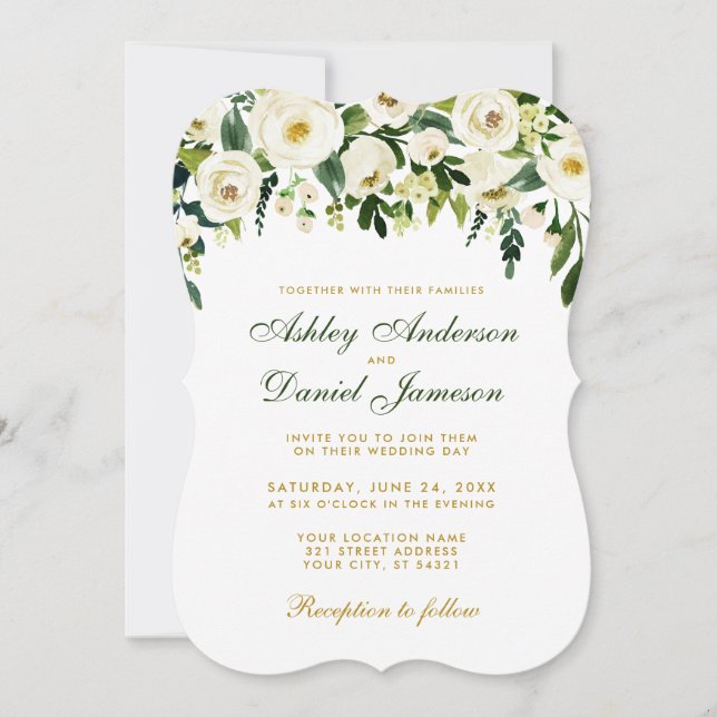 Watercolor Floral Green Gold Wedding Invitation G (Front)