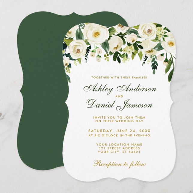 Watercolor Floral Green Gold Wedding Invitation GB (Front/Back)