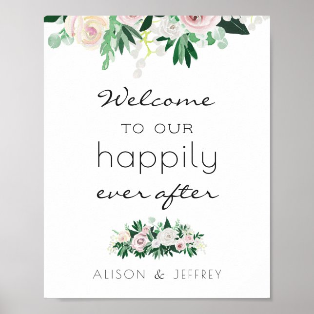 Watercolor Floral Green Happily Ever After Wedding Poster (Front)