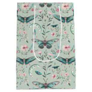 Watercolor Floral Green Moths Medium Gift Bag