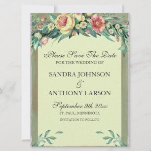 Watercolor Floral Green & Pink Save The Date