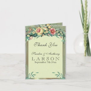 Watercolor Floral Green & Pink Wedding Thank You Card