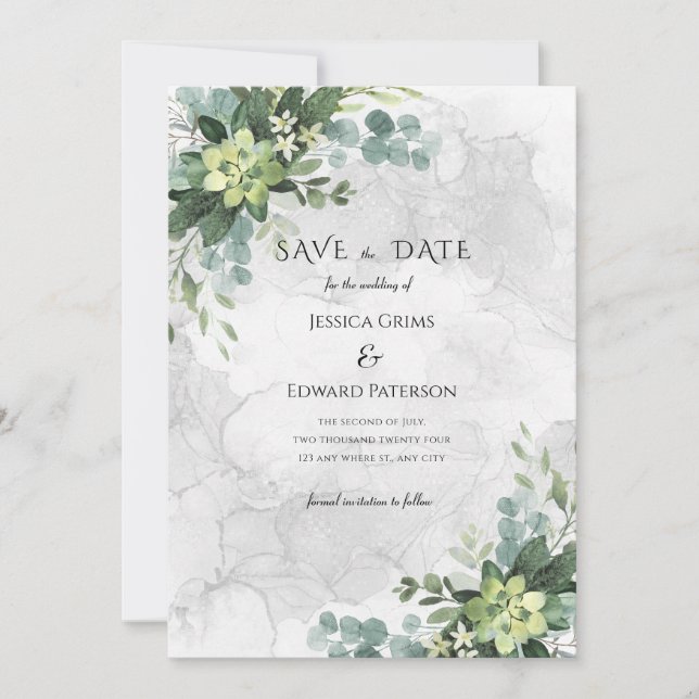 Watercolor Floral Green Romantic Sophisticated  Save The Date (Front)