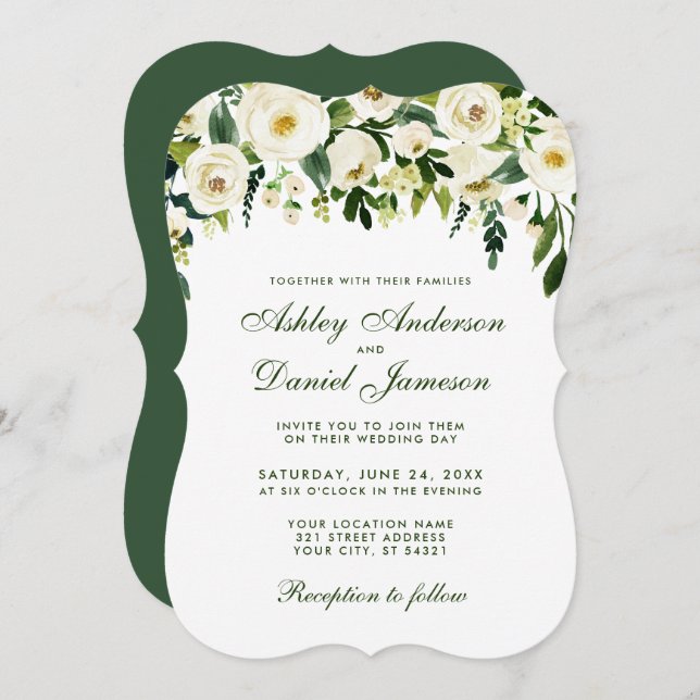Watercolor Floral Green Wedding Invitation GSB (Front/Back)
