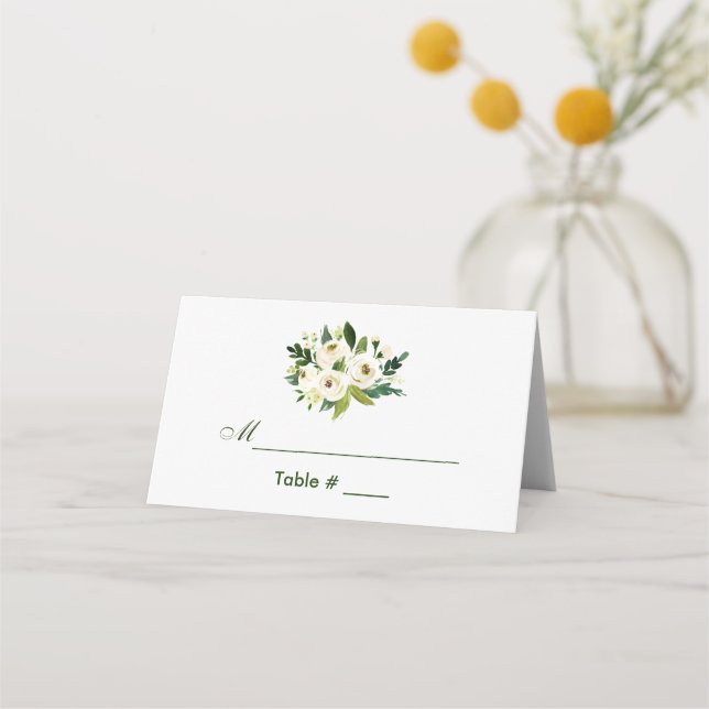 Watercolor Floral Green Wedding Place Card (Front)