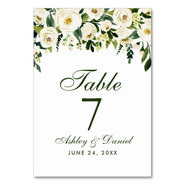 Watercolor Floral Green Wedding Table Number (Front)