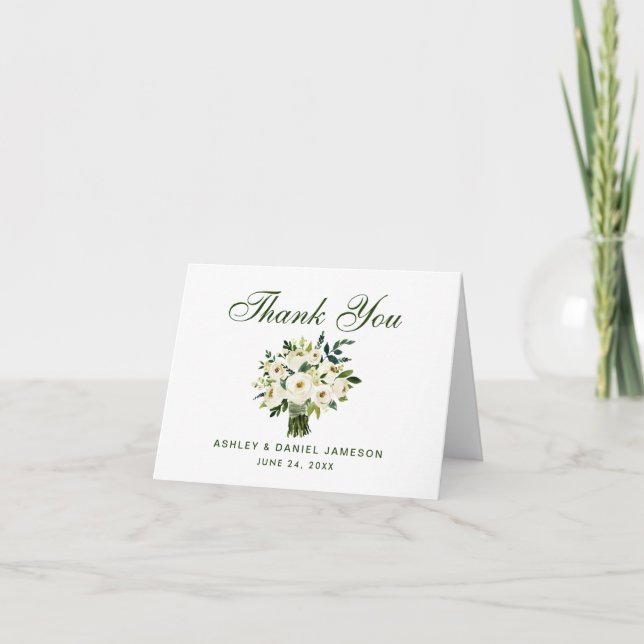 Watercolor Floral Green Wedding Thank You Note (Front)