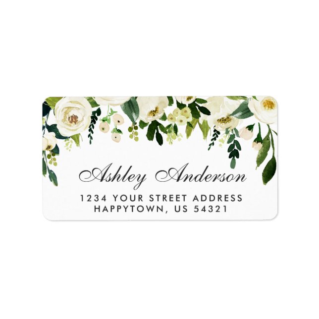 Watercolor Floral Green White Address Label (Front)