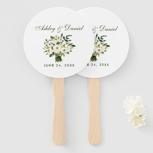 Watercolor Floral Green White Bouquet Wedding Hand Fan (Front and Back)