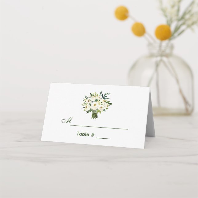 Watercolor Floral Green White Bouquet Wedding Place Card (Front)