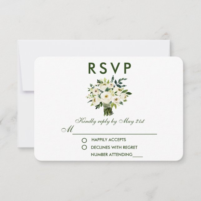 Watercolor Floral Green White Bouquet Wedding RSVP (Front)