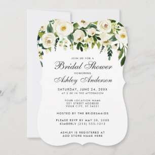 Watercolor Floral Green White Bridal Shower B Invitation