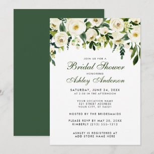 Watercolor Floral Green White Bridal Shower G Invitation