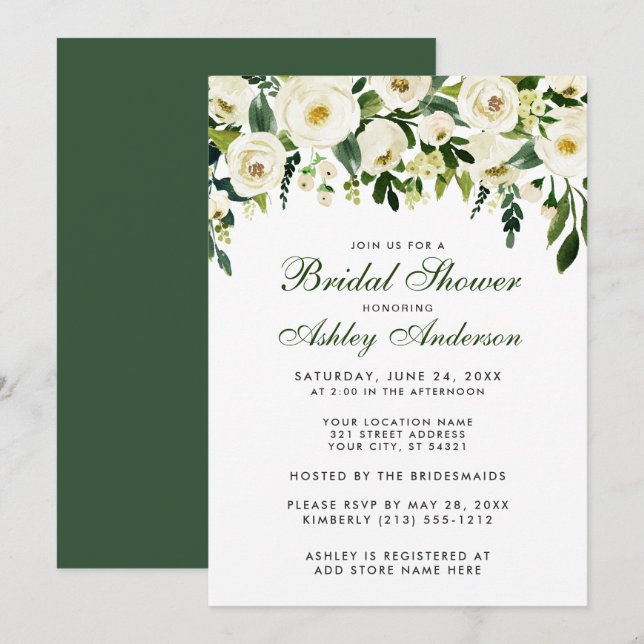 Watercolor Floral Green White Bridal Shower G Invitation (Front/Back)
