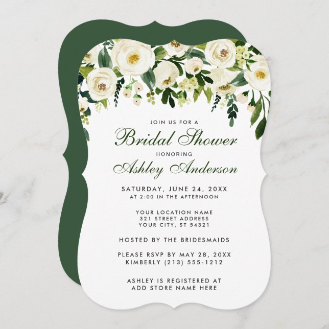 Watercolor Floral Green White Bridal Shower GSB Invitation (Front/Back)