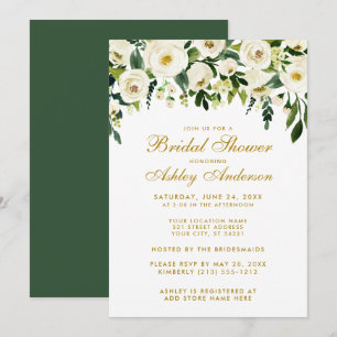 Watercolor Floral Green White Gold Bridal Shower G Invitation