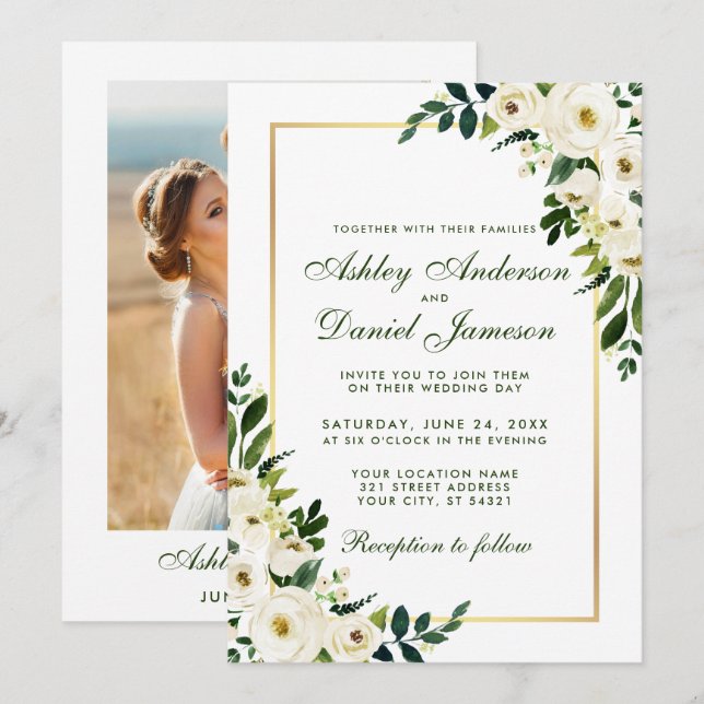 Watercolor Floral Green White Gold Photo Wedding Invitation (Front/Back)