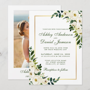 Watercolor Floral Green White Gold Photo Wedding Invitation