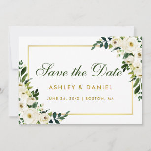 Watercolor Floral Green White Gold Save The Date