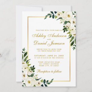 Watercolor Floral Green White Gold Wedding G Invitation