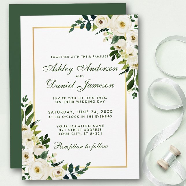 Watercolor Floral Green White Gold Wedding GSG Invitation (Customize to change text color, style, add text & photos to back or change color of back of card.)