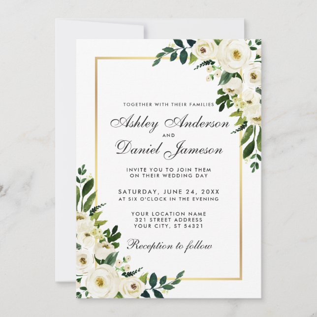 Watercolor Floral Green White Gold Wedding Invitation (Front)