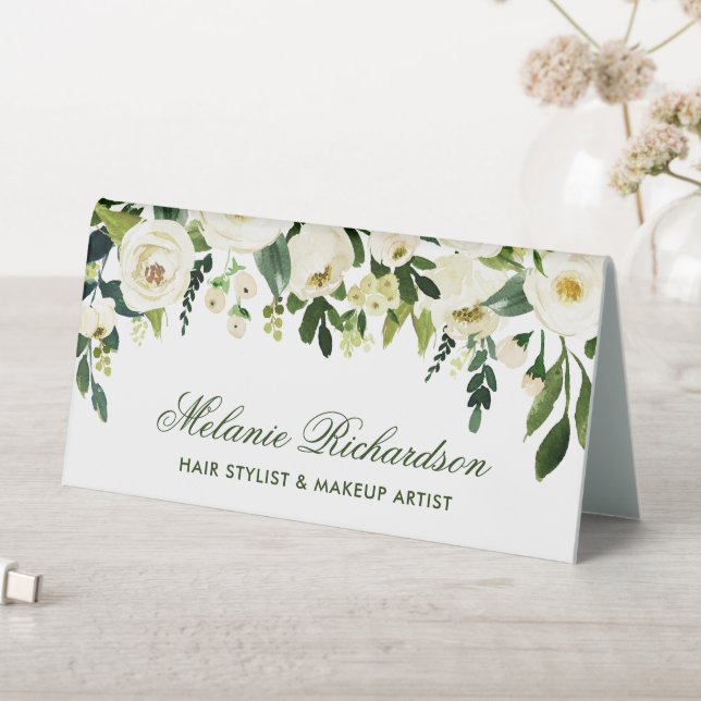 Watercolor  Floral Green White Name Sign (In SItu (Table))