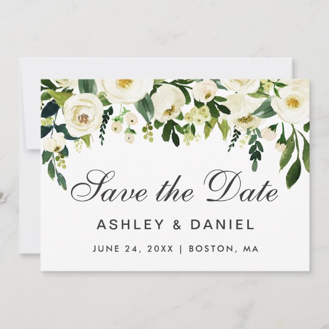 Watercolor Floral Green White Save The Date B (Front)
