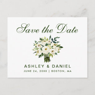 Watercolor Floral Green White Save The Date B Announcement Postcard