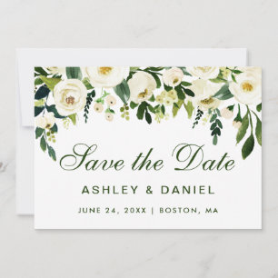 Watercolor Floral Green White Save The Date GS