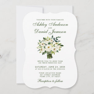 Watercolor Floral Green White Wedding Bouquet B Invitation