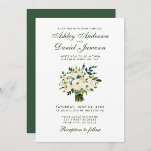 Watercolor Floral Green White Wedding Bouquet GB Invitation