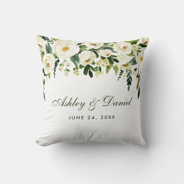Watercolor Floral Green White Wedding Cushion (Front)