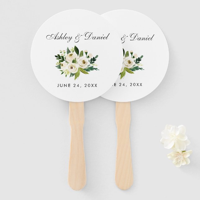 Watercolor Floral Green White Wedding Hand Fan (Front and Back)