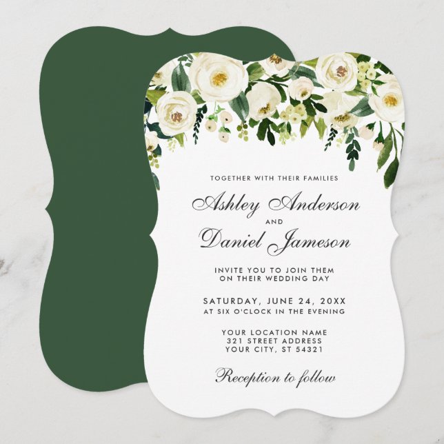 Watercolor Floral Green White Wedding Invitation E (Front/Back)