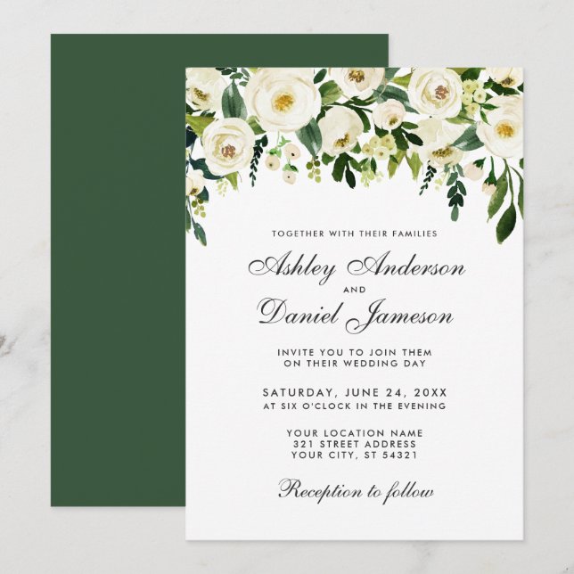 Watercolor Floral Green White Wedding Invitation G (Front/Back)