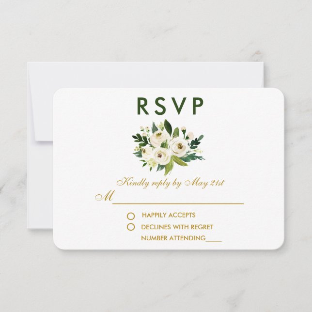 Watercolor Floral Green White Wedding RSVP GG (Front)