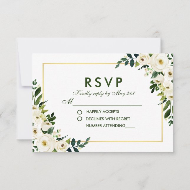 Watercolor Floral Green White Wedding RSVP GS (Front)