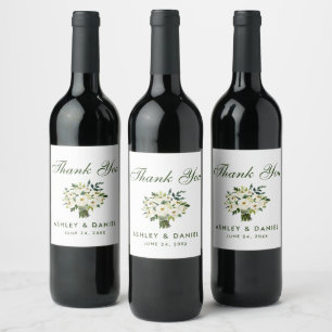 Watercolor Floral Green White Wedding Thank You B Wine Label