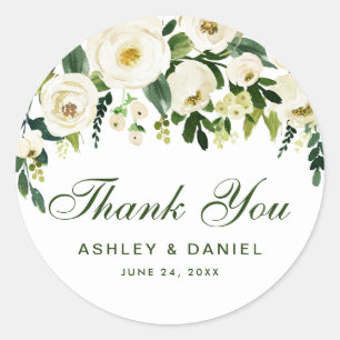 Watercolor Floral Green White Wedding Thank You G Classic Round Sticker
