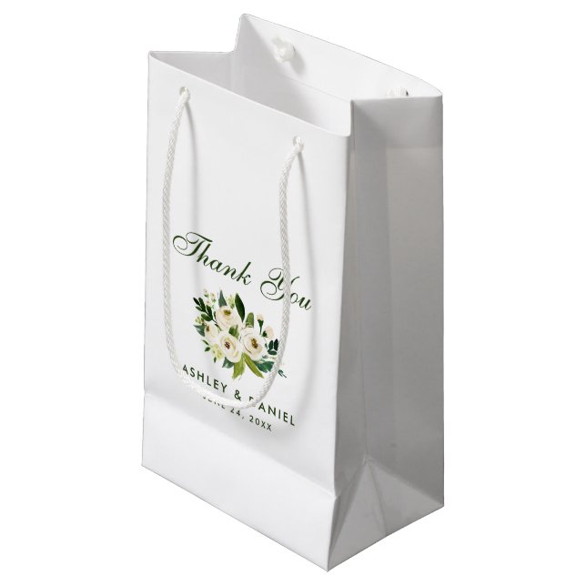Watercolor Floral Green White Wedding Thank You Small Gift Bag (Front Angled)