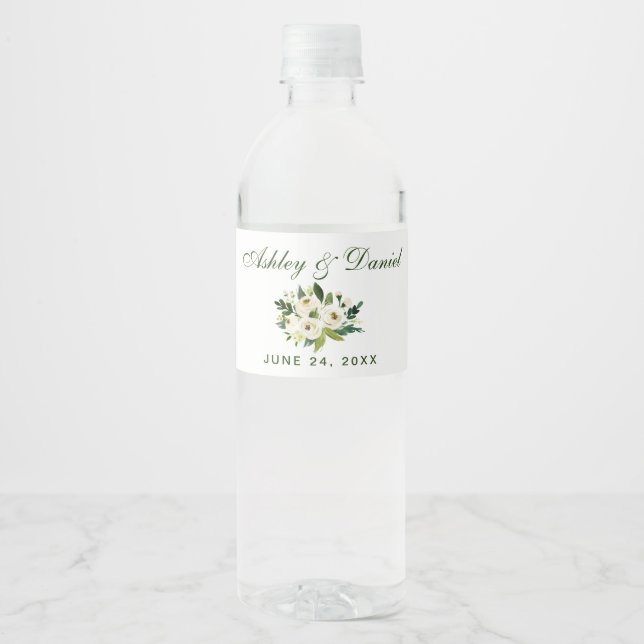 Watercolor Floral Green White Wedding Water Bottle Label (Front)