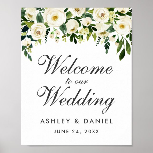 Watercolor Floral Green White Wedding Welcome Poster (Front)