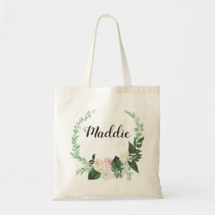 Watercolor Floral Green Wreath Bridesmaid Tote Bag