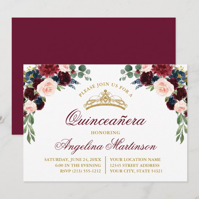 Watercolor Floral Greenery Quinceanera Party Invitation (Front/Back)